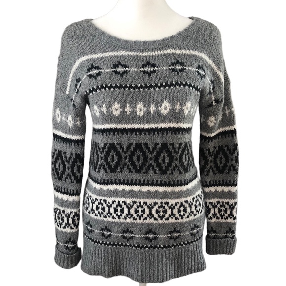 AMERICAN EAGLES Cotton Wool Blend Fair Isle Sweater, Crew Neck, Grey, Size XS - Picture 1 of 11